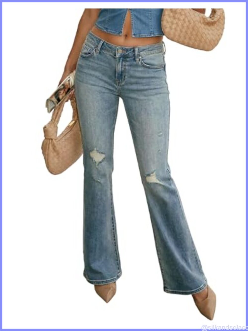 Women's Low Rise Stretch Flare Jeans Distressed 5-Pocket Zip